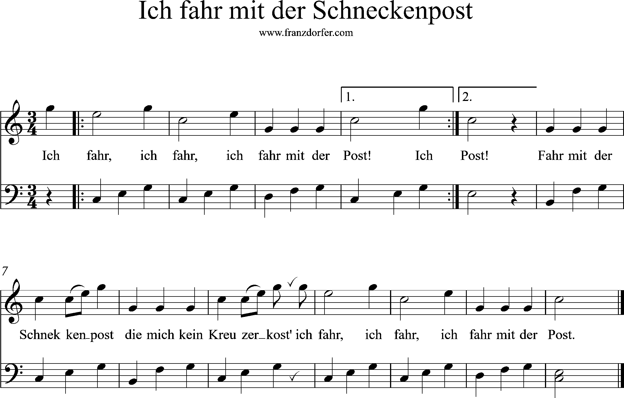 klaviernoten, C-Dur, Ich fahr mit der schneckenpost